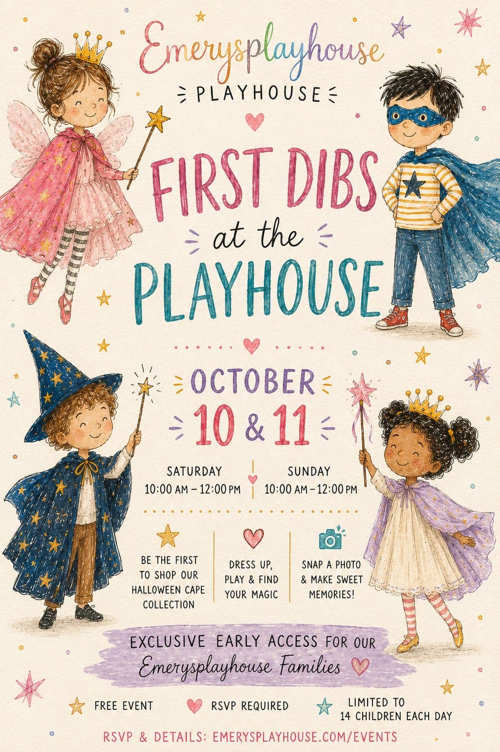 First Dibs at the Playhouse flyer: four kids in fairy, superhero, wizard, and princess capes invite Playhouse families to shop the Halloween cape collection early, October 10 and 11 from 10 to noon