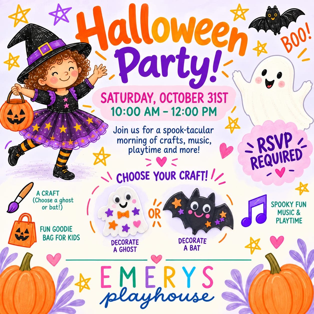 Halloween Party flyer: a smiling girl in a witch hat and purple starry tutu carries a jack-o'-lantern bucket beside a friendly ghost and a bat. It reads Saturday, October 31st, 10:00 AM to 12:00 PM, RSVP required, and choose your craft: decorate a ghost or decorate a bat. Also a craft, a fun goodie bag for kids, and spooky fun music and playtime.