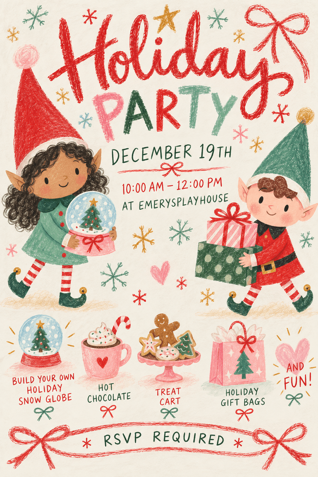 The original Holiday Party invitation: December 19, 10 a.m. to noon at Emery’s Playhouse, with snow-globe making, hot chocolate, a treat cart and holiday gift bags. RSVP required.