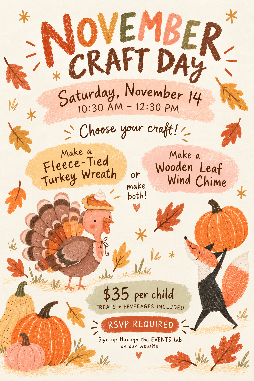The original November Craft Day invitation, with crayon leaves, pumpkins, a turkey and a fox. Saturday, November 14, 10:30 AM to 12:30 PM. Make a fleece-tied turkey wreath, a wooden leaf wind chime, or both. Treats and beverages included. RSVP required.