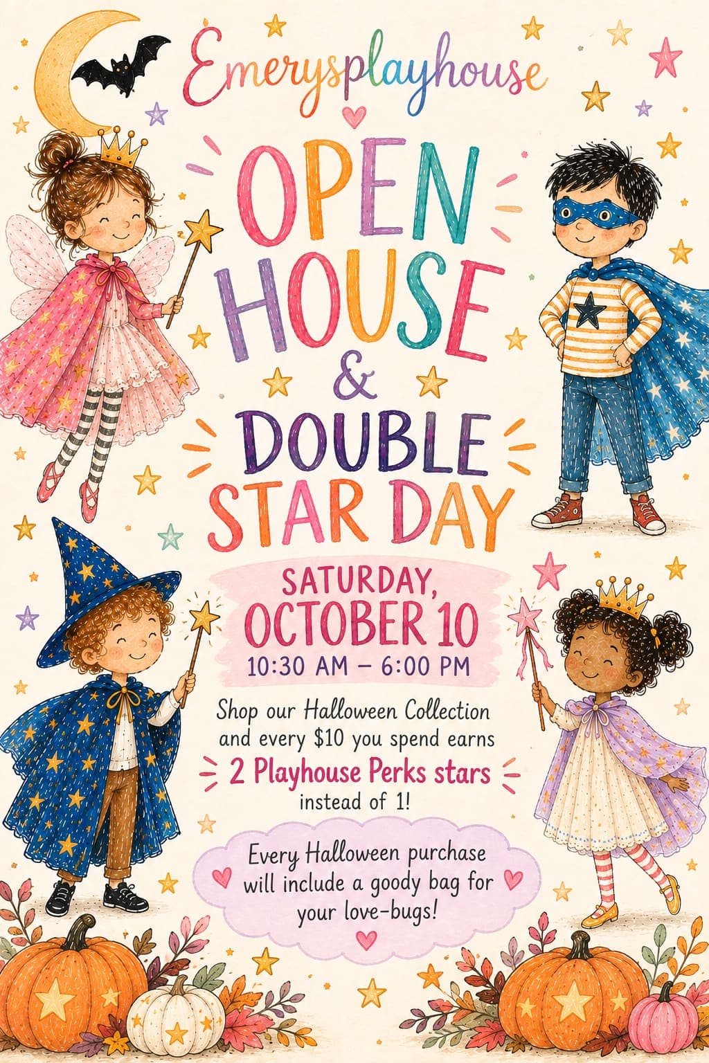 Open House and Double Star Day poster: kids in fairy, superhero, wizard and princess capes among pumpkins and stars, Saturday, October 10, 10:30 AM to 6:00 PM