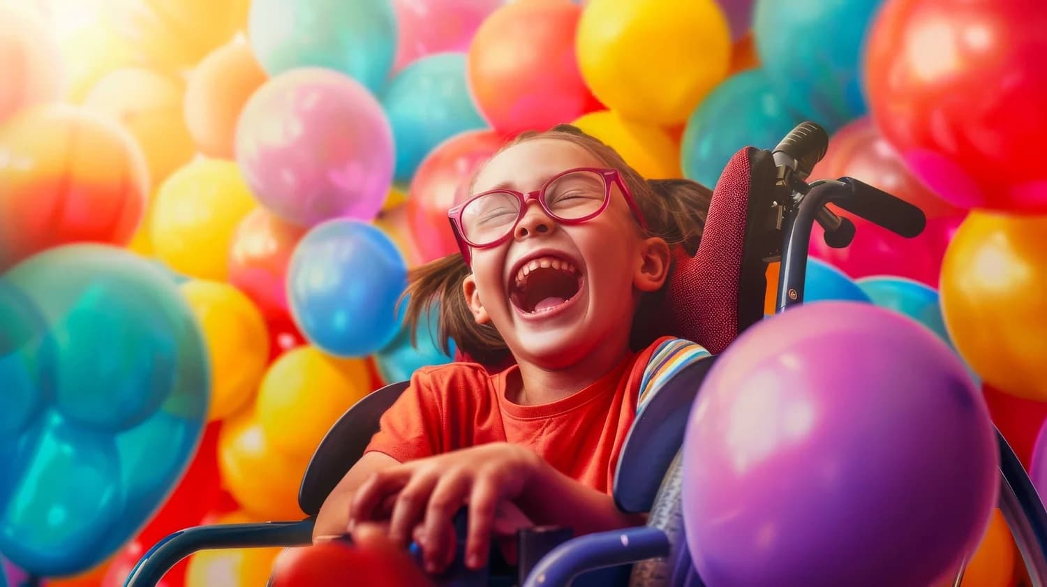 A laughing child in a wheelchair surrounded by colorful balloons at a birthday party