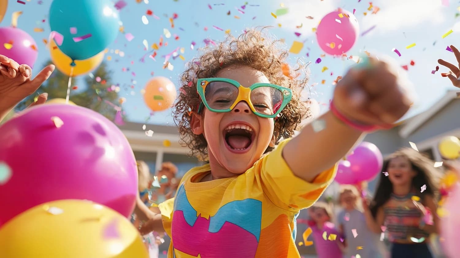 Child in colorful sunglasses and a yellow shirt reaching joyfully toward the camera at a birthday party, balloons and confetti behind