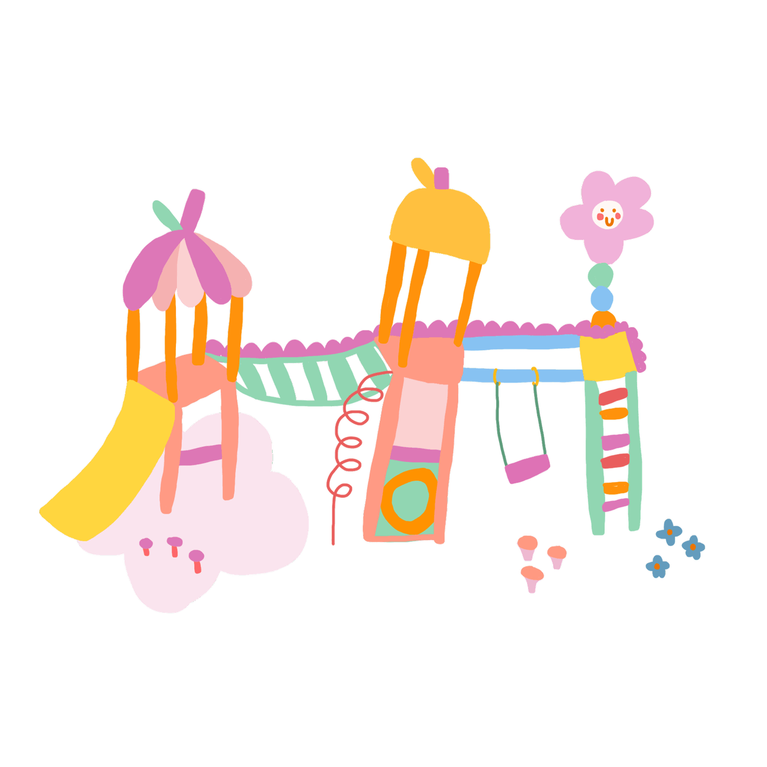 Whimsical illustration of a playground with a slide, jungle gym, tent canopy, and smiling flower, by Charlotte Klein