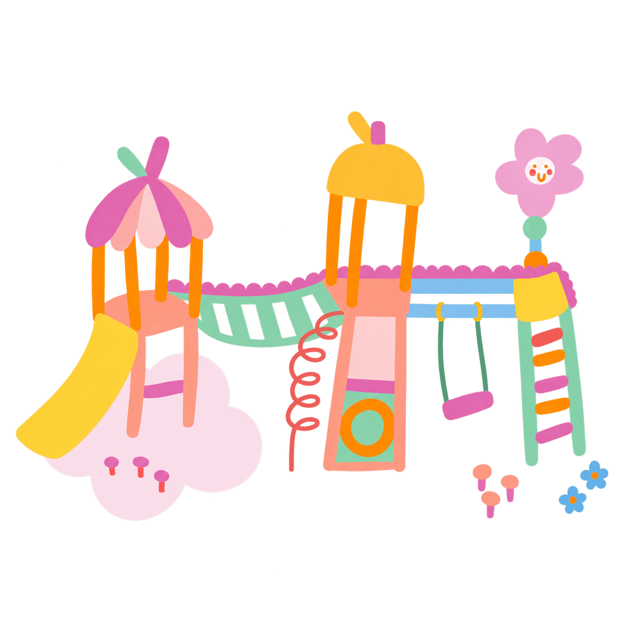 Illustration of a playground with a slide, jungle gym, tent canopy and smiling flower, by Charlotte Klein